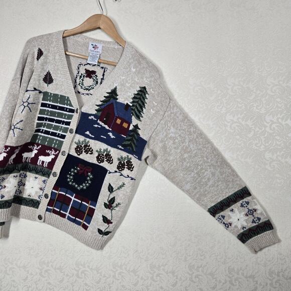 VTG Nutcracker Cardigan Sweater sz L Beige Multi Cabincore Cottagecore Holiday - Picture 7 of 14